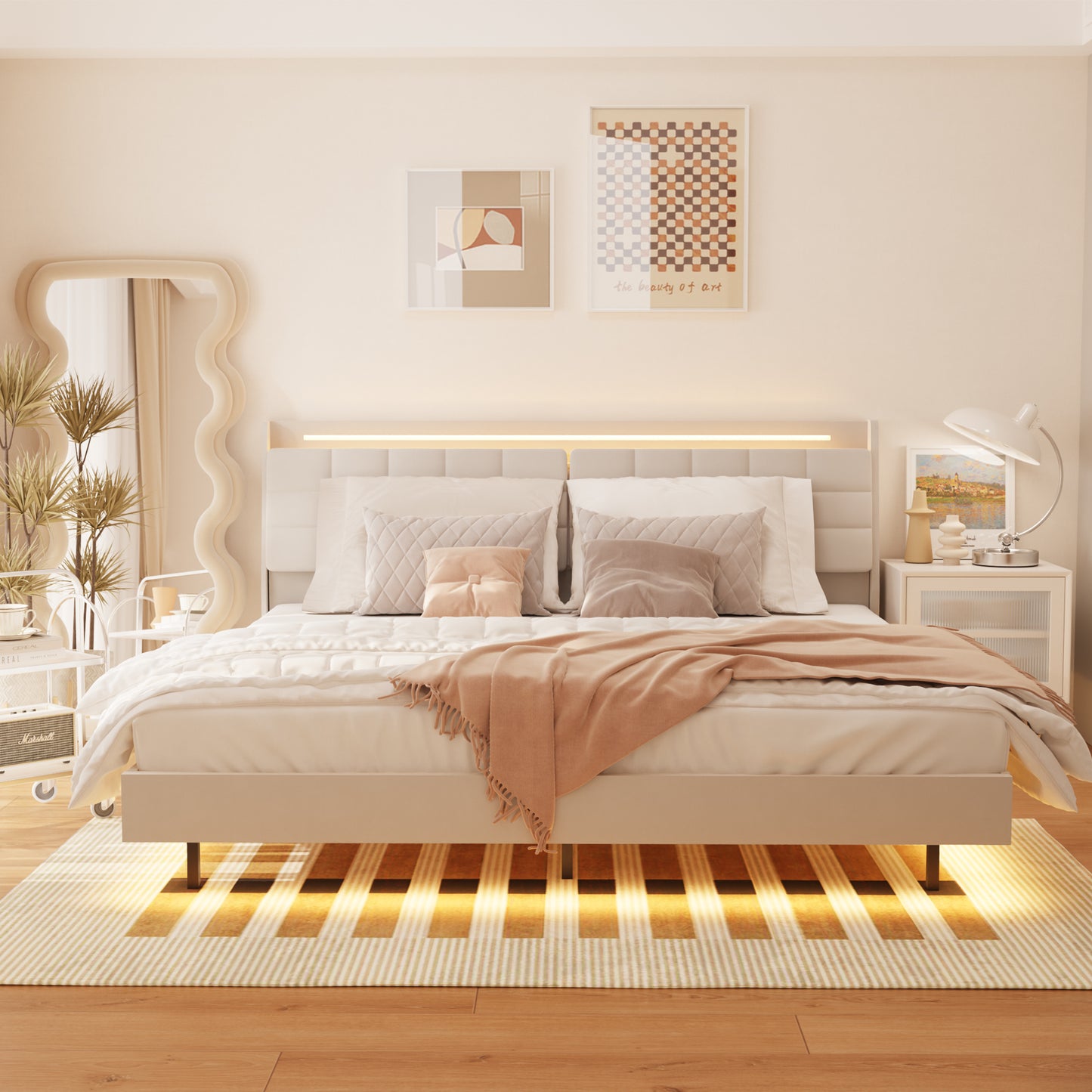 Modern white upholstered bed with integrated LED headboard lighting