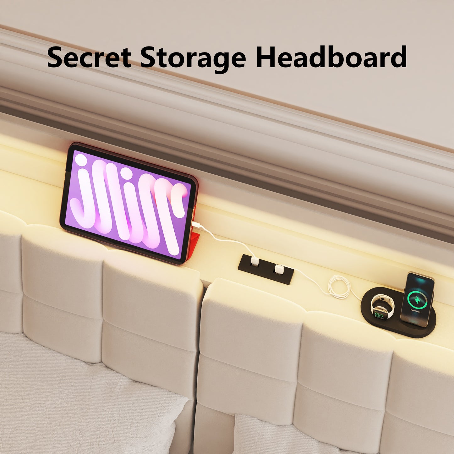 Upholstered cream headboard with builtin storage shelf