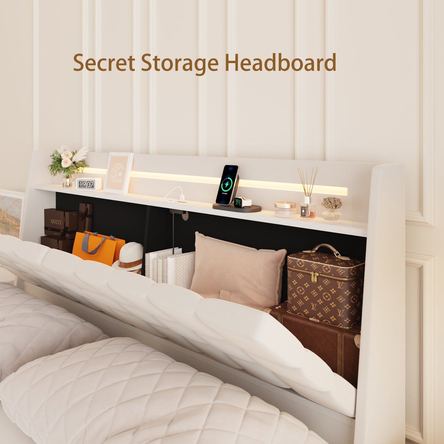 White upholstered bed frame with secret storage headboard revealing items