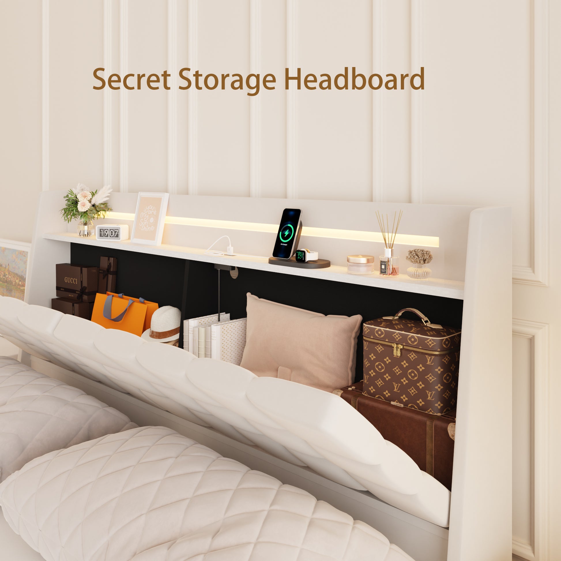 White upholstered bed frame with secret storage headboard revealing items