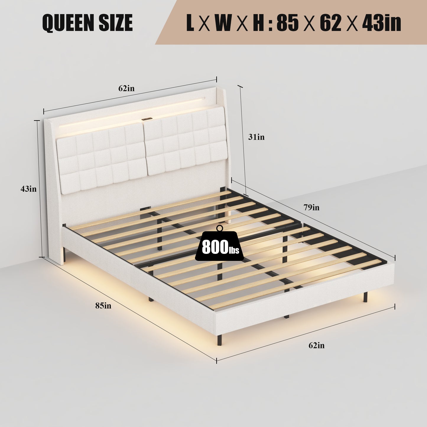 Queen size white upholstered bed frame with padded headboard and builtin LED lights