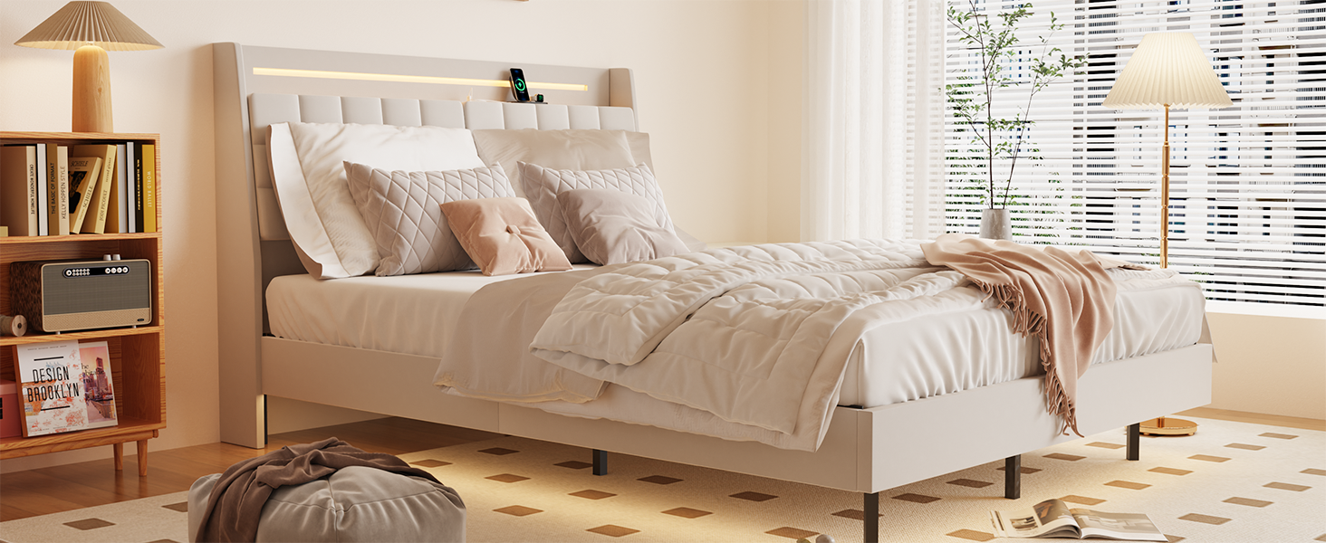 Modern upholstered bed with integrated LED headboard lighting
