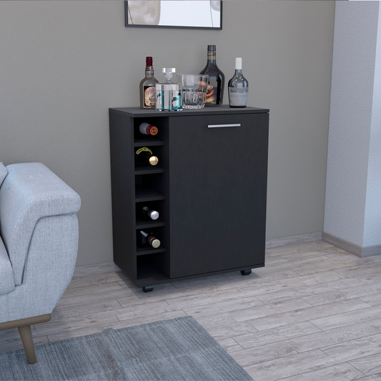 Dark gray bar cabinet with wine rack and silver handle