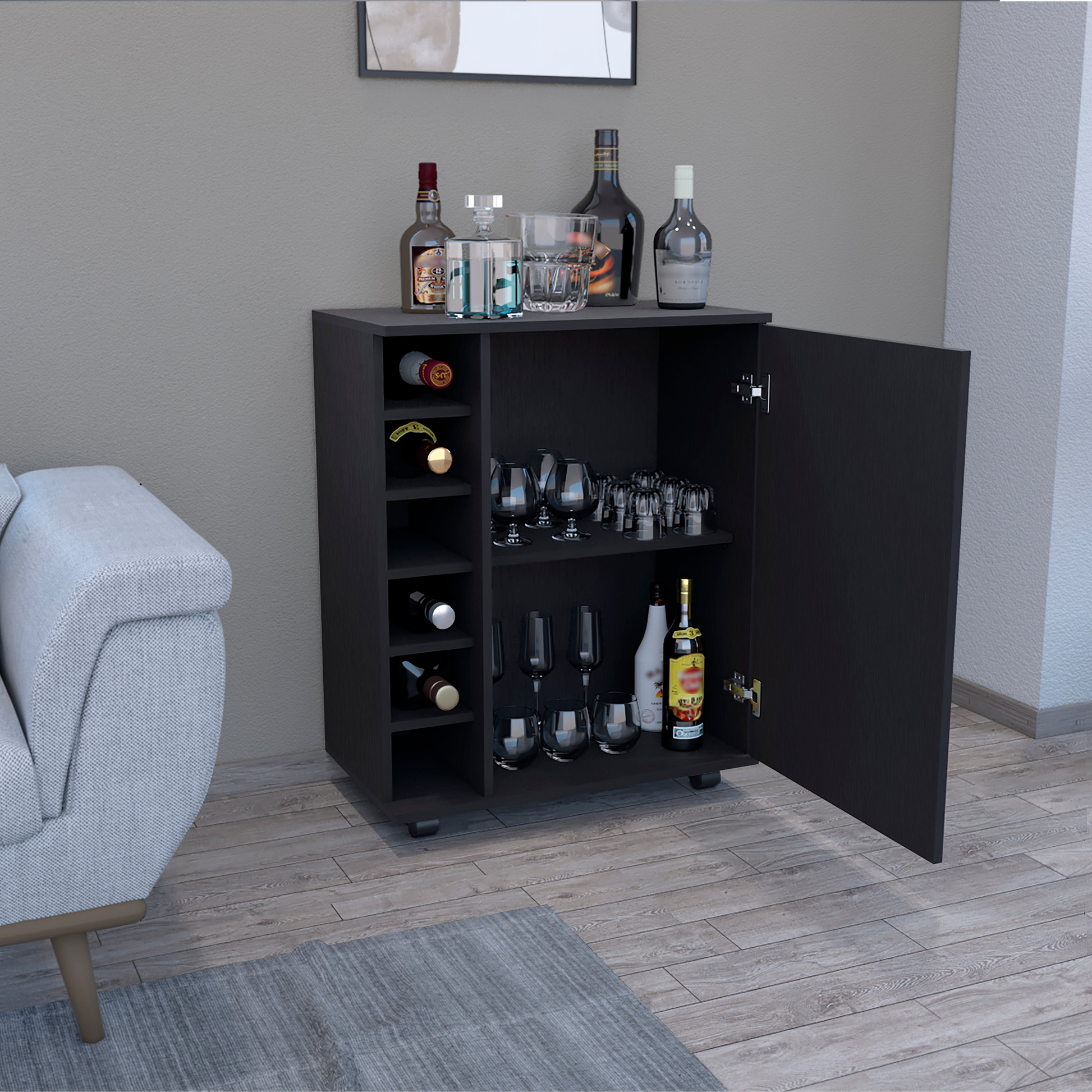 Dark wood bar cabinet with wine rack and glassware