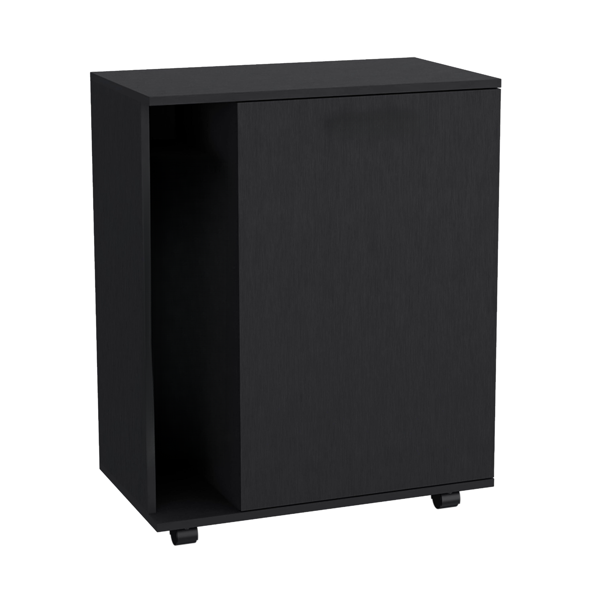Black minimalist storage cabinet with sliding door and open shelf