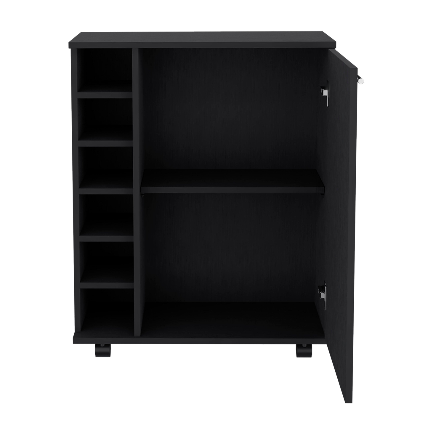 Black modern wine cabinet with bottle racks and open door
