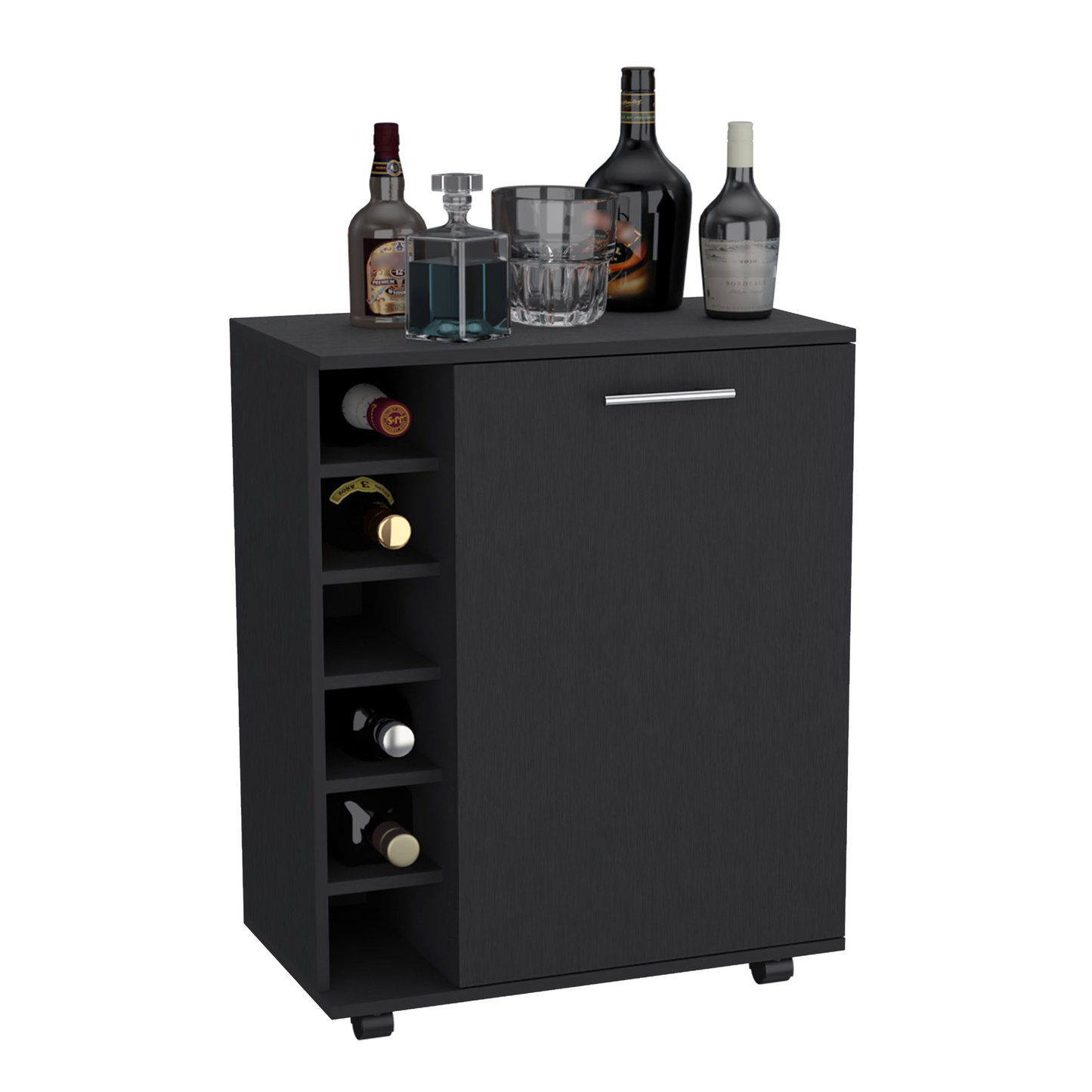 Black modern bar cabinet with wine rack and bottles