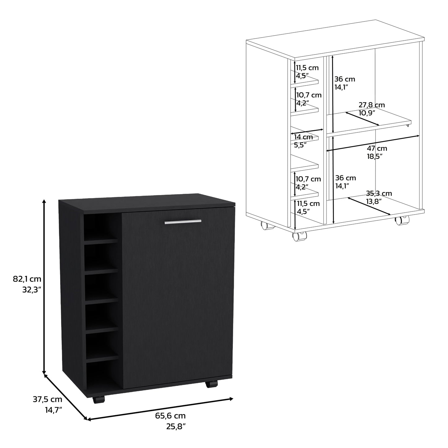 Black rolling cabinet with wine rack and shelved door compartment