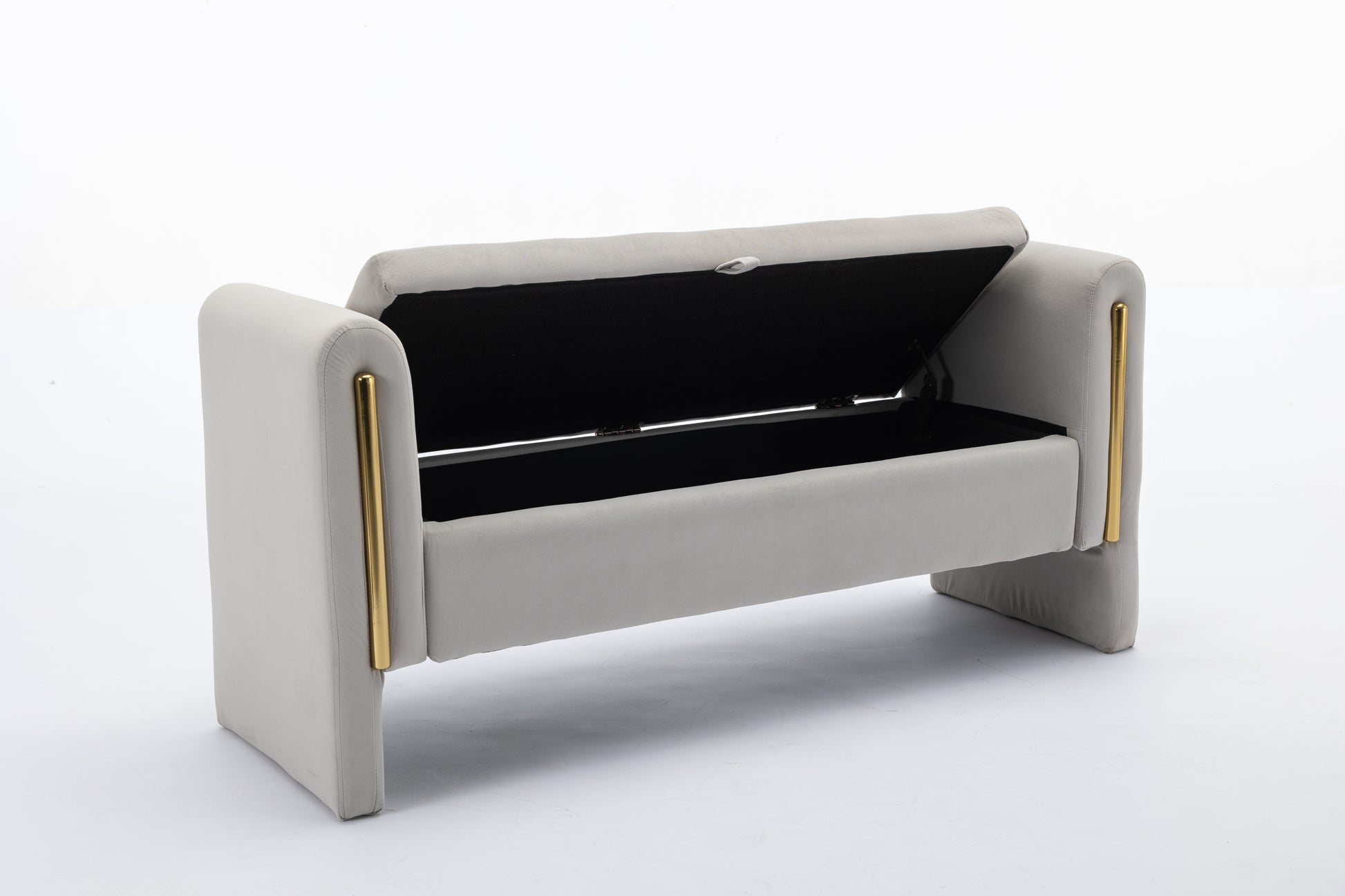 Light gray velvet storage bench with gold accents