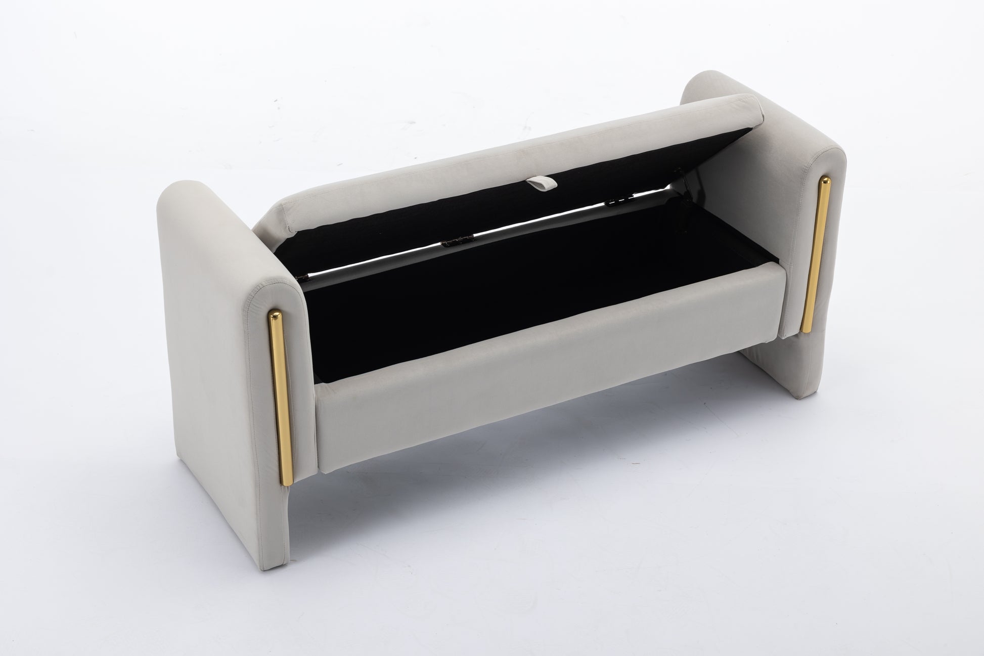 Modern grey velvet bench with open storage compartment and gold accents
