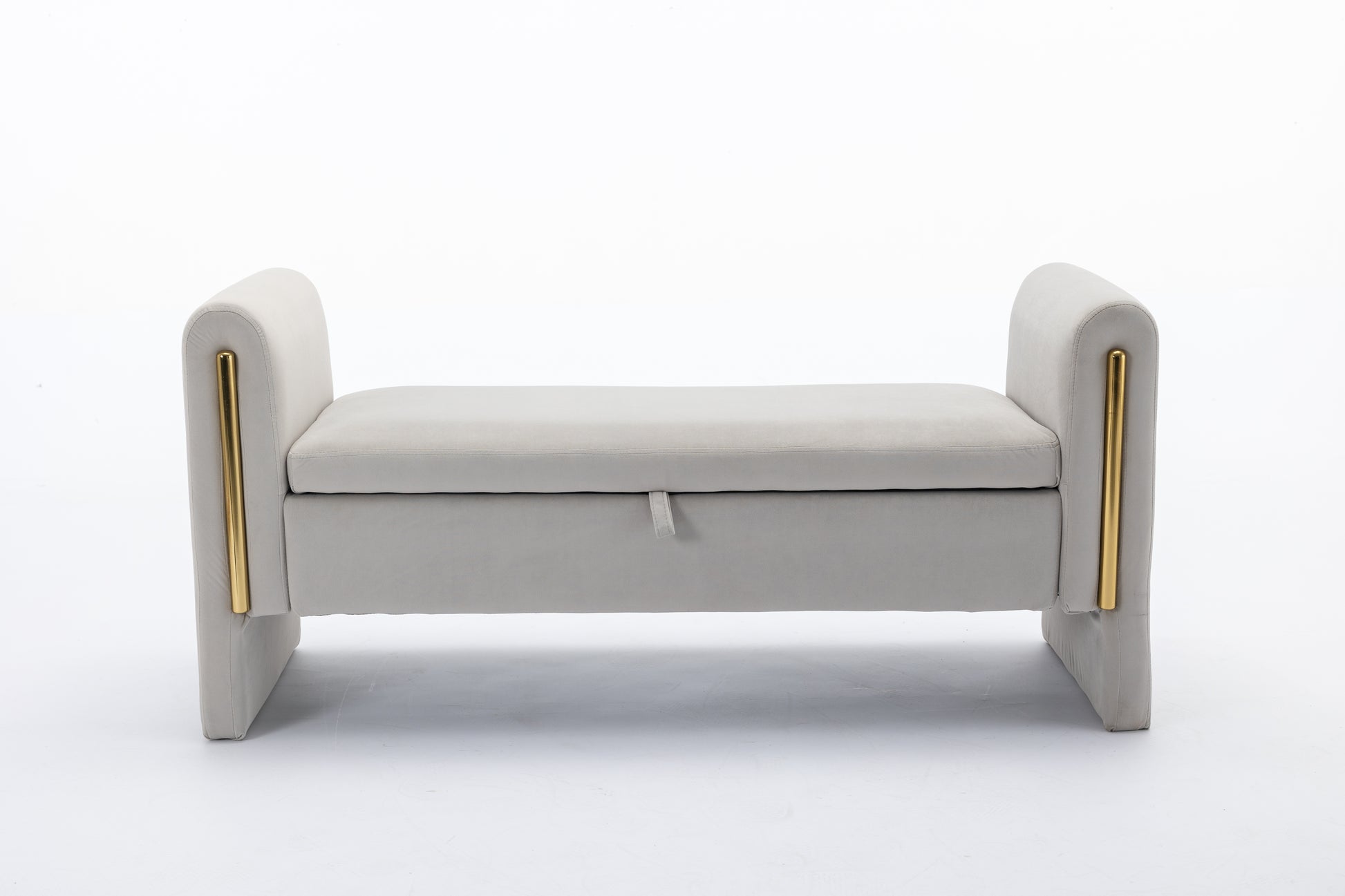 Grey velvet storage bench with gold accent bars
