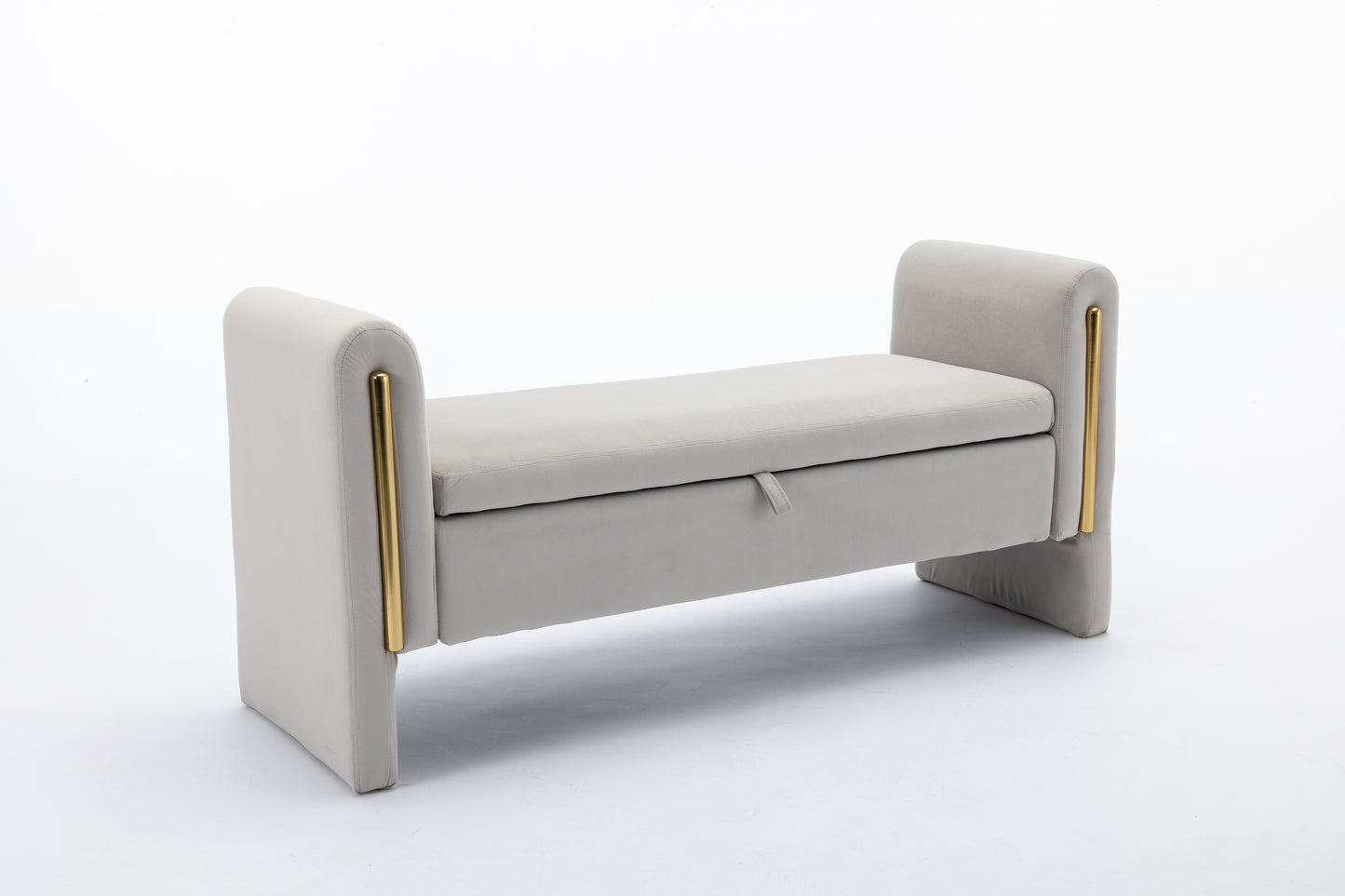 Grey velvet storage bench with gold accents and plush cushion