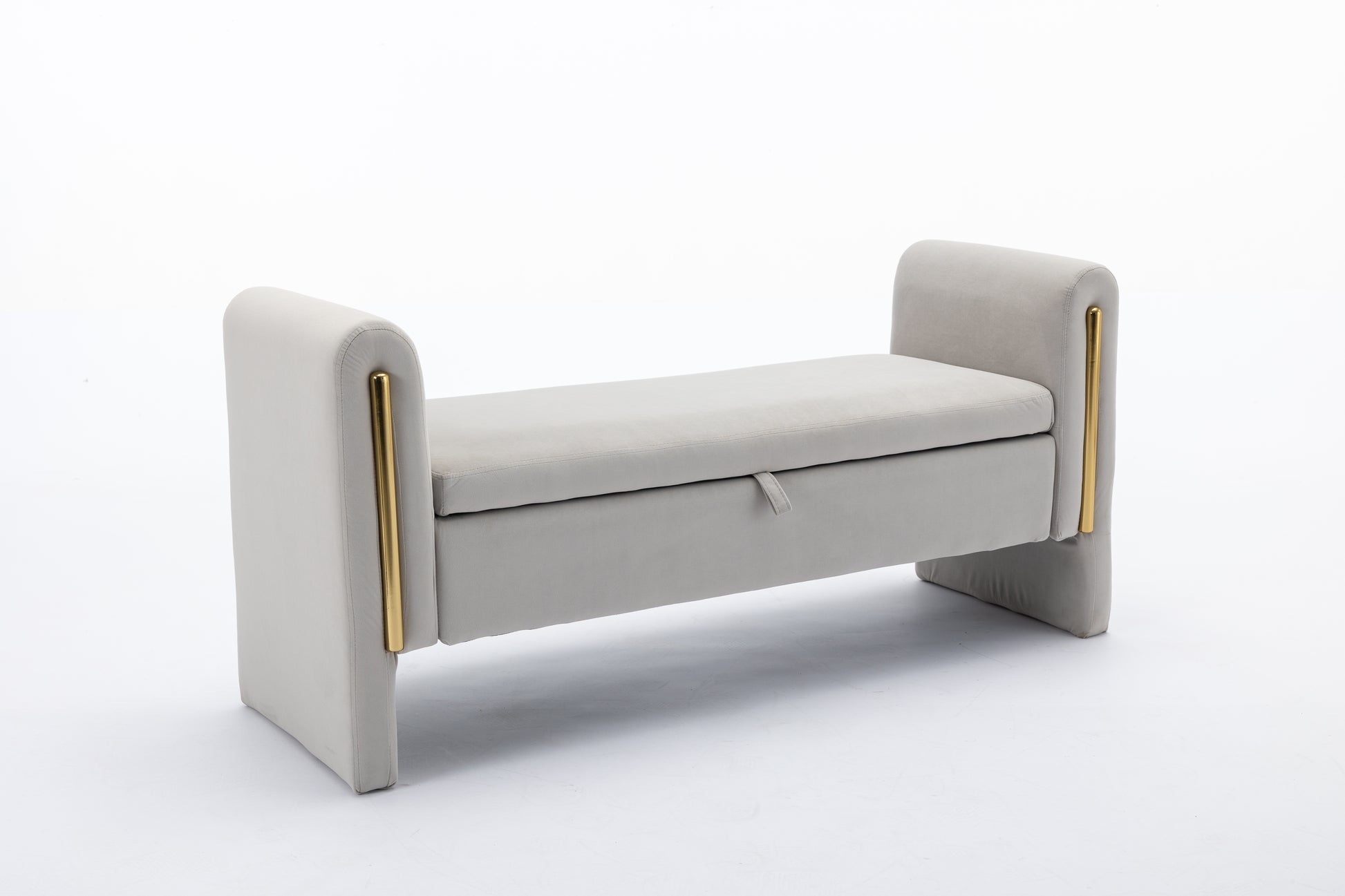 Grey velvet storage bench with gold accents and plush cushion