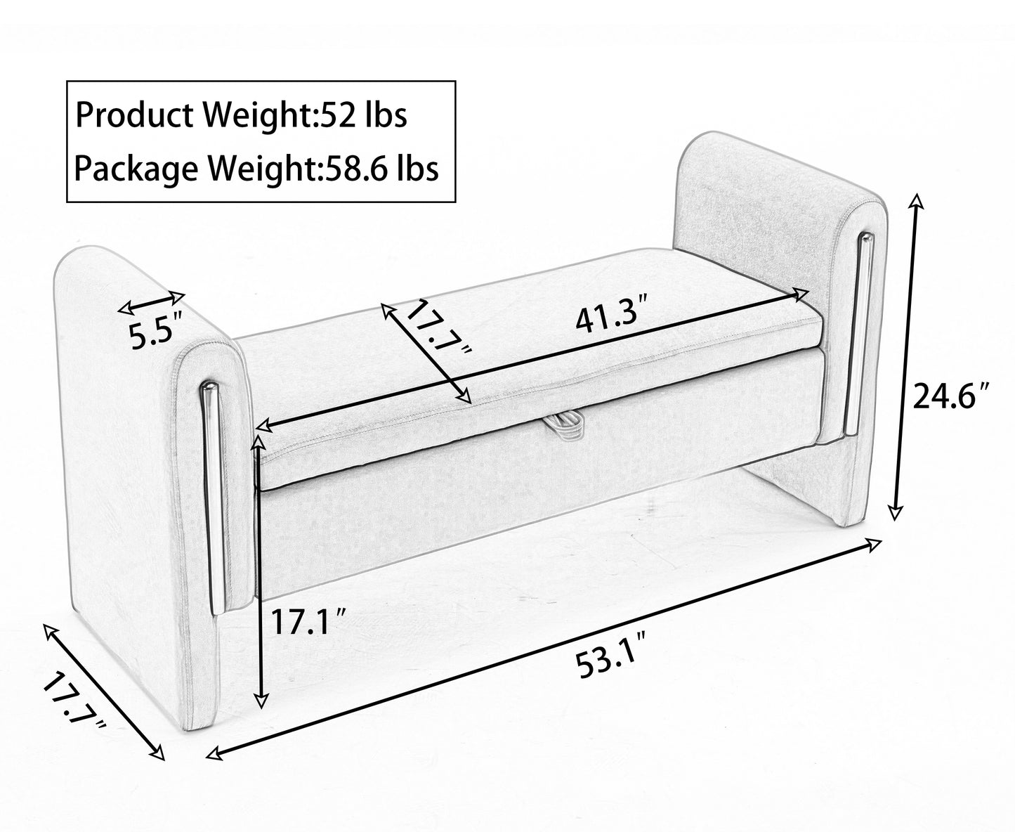 Sketch of a storage ottoman bench with dimensions