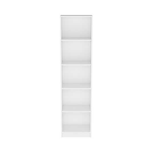 Tall white modern bookshelf with five shelves