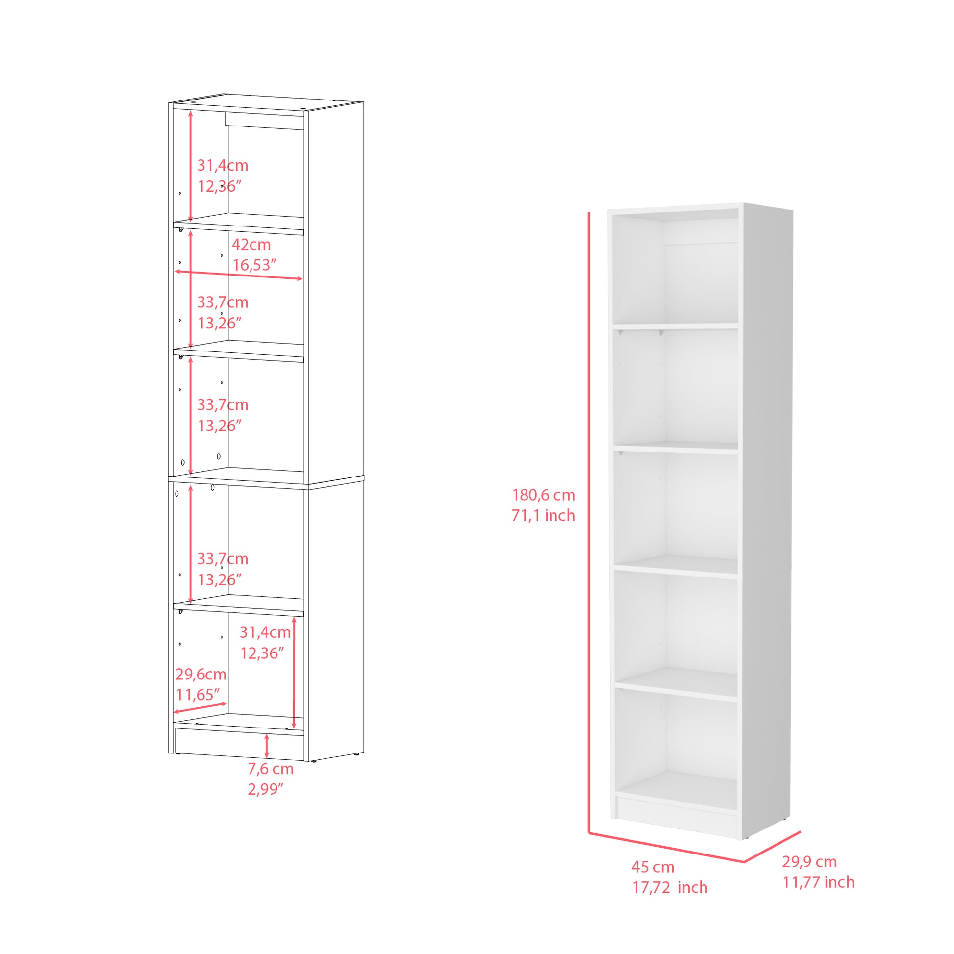 White modern bookshelf with five shelves