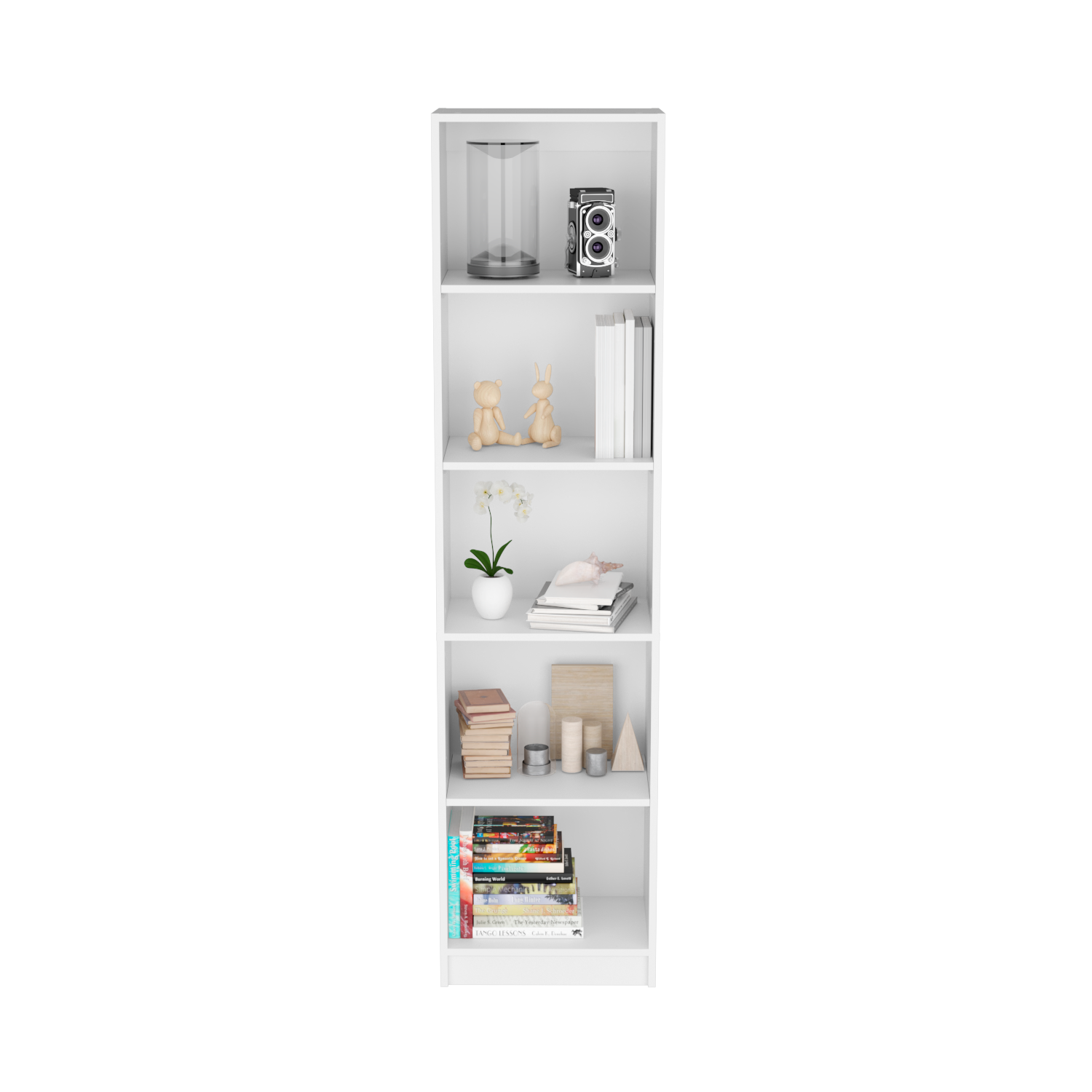 White fiveshelf bookcase with decorative items and books