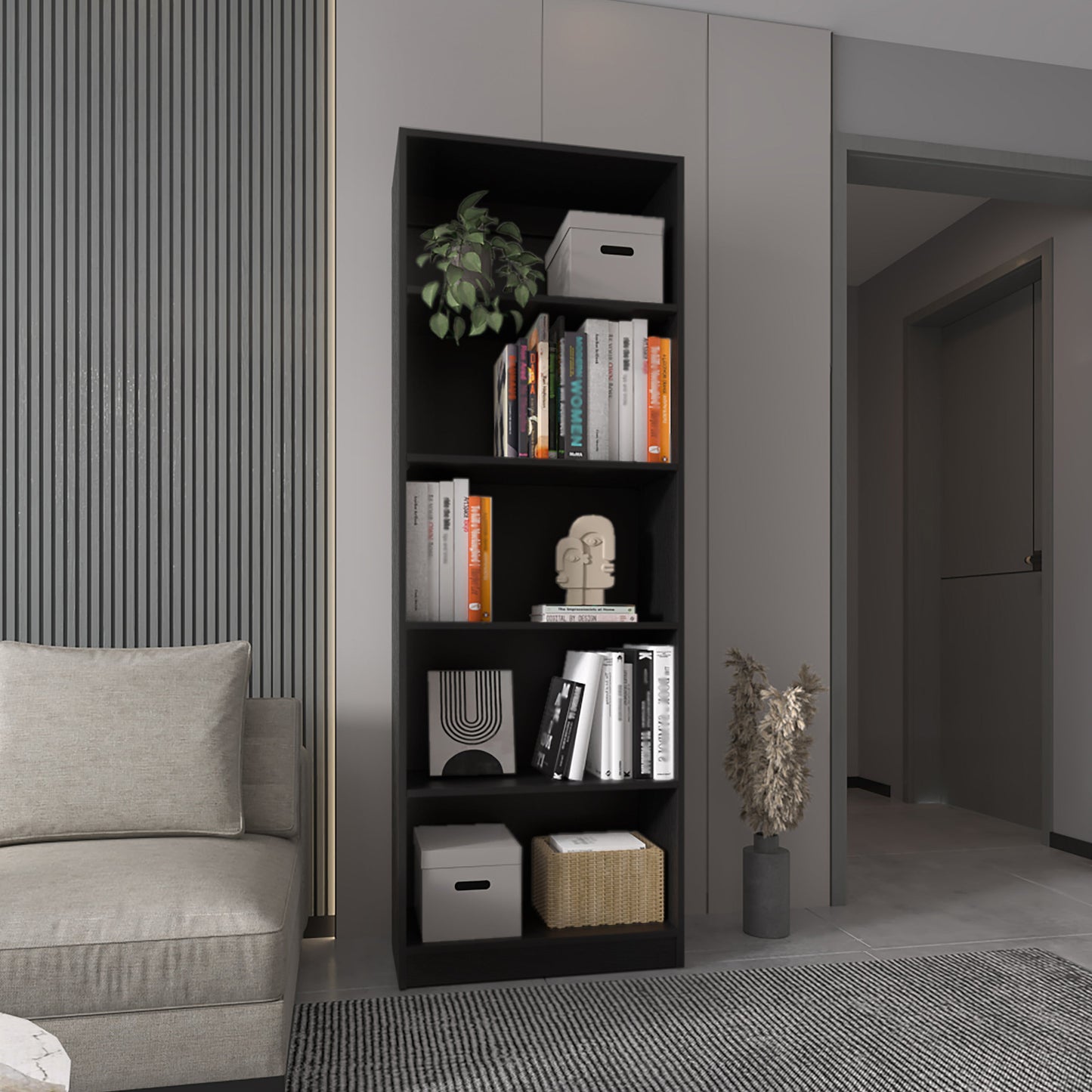 Tall black bookshelf with books and decor