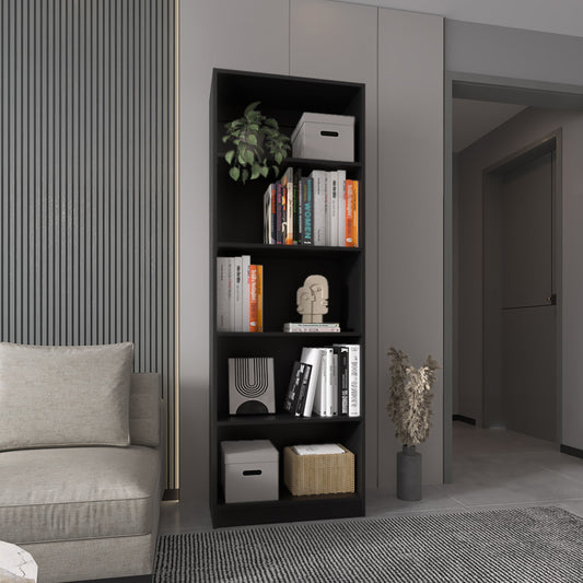 Tall black bookshelf with books and decor