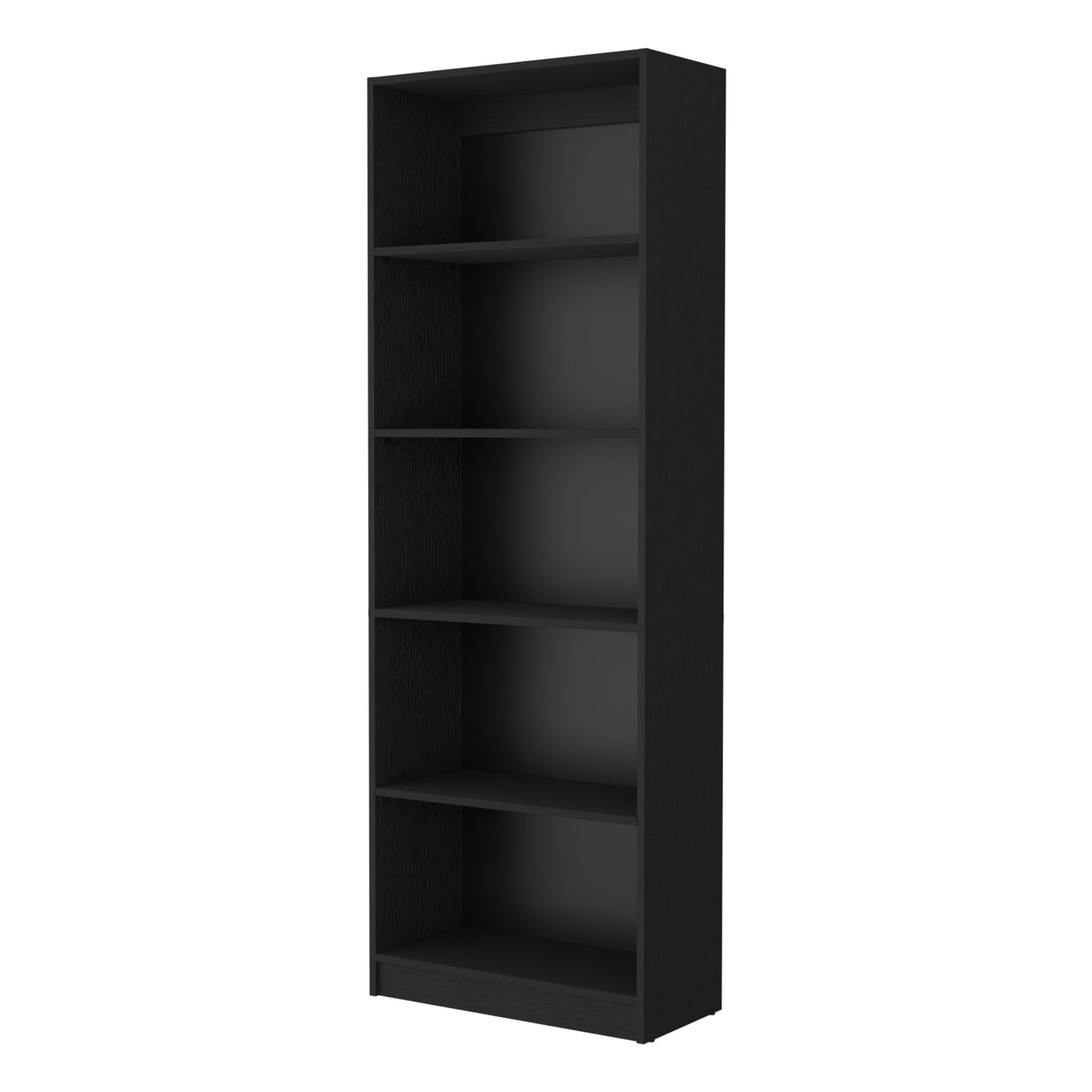 Tall black bookshelf with five shelves