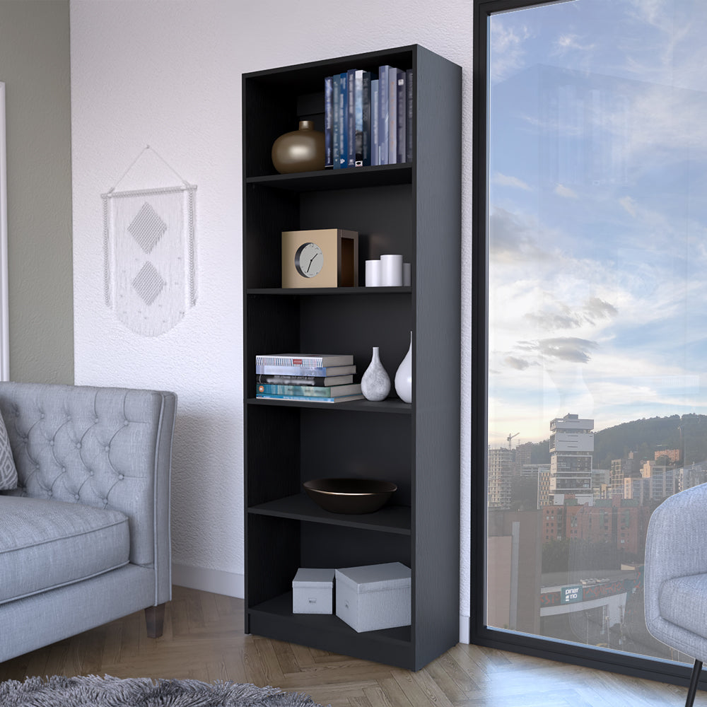 Tall dark grey bookshelf with  shelves for home organization