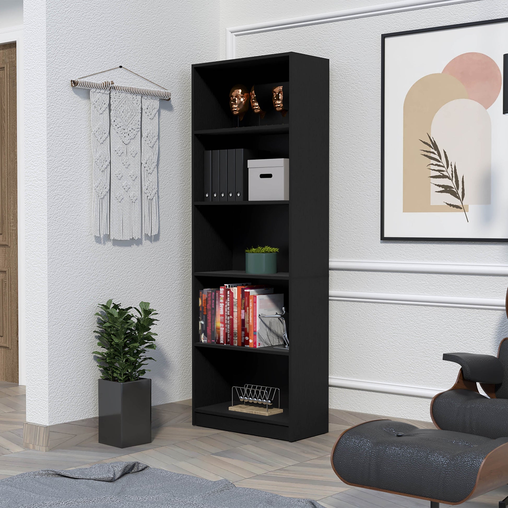 Black tall bookshelf with five shelves for storage and display