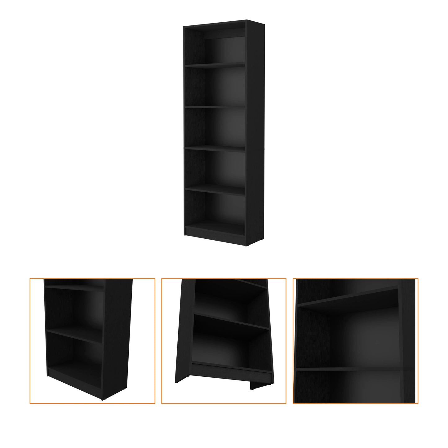 Tall black fiveshelf bookcase
