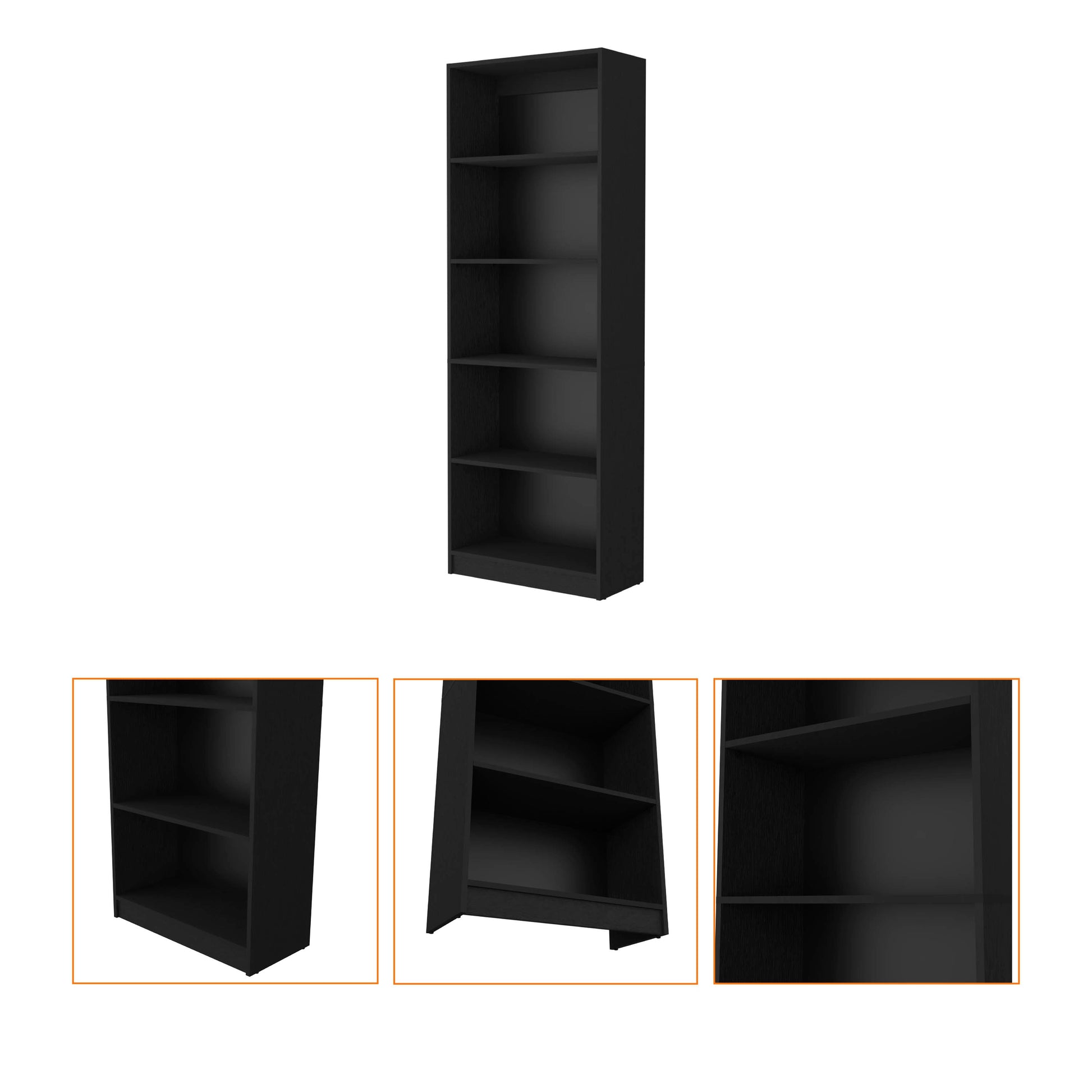 Tall black fiveshelf bookcase