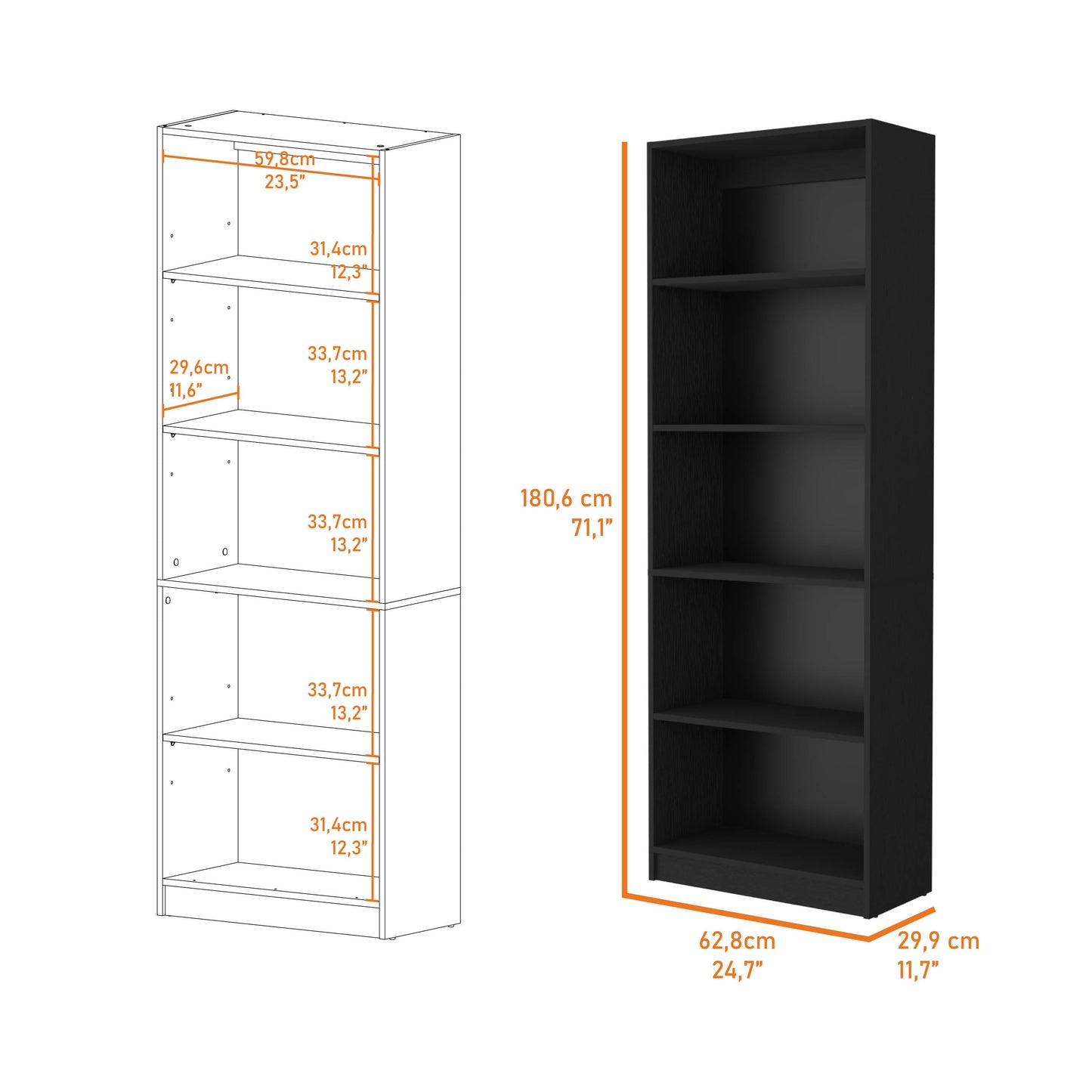 Black fiveshelf bookcase with detailed dimensions and outline drawing