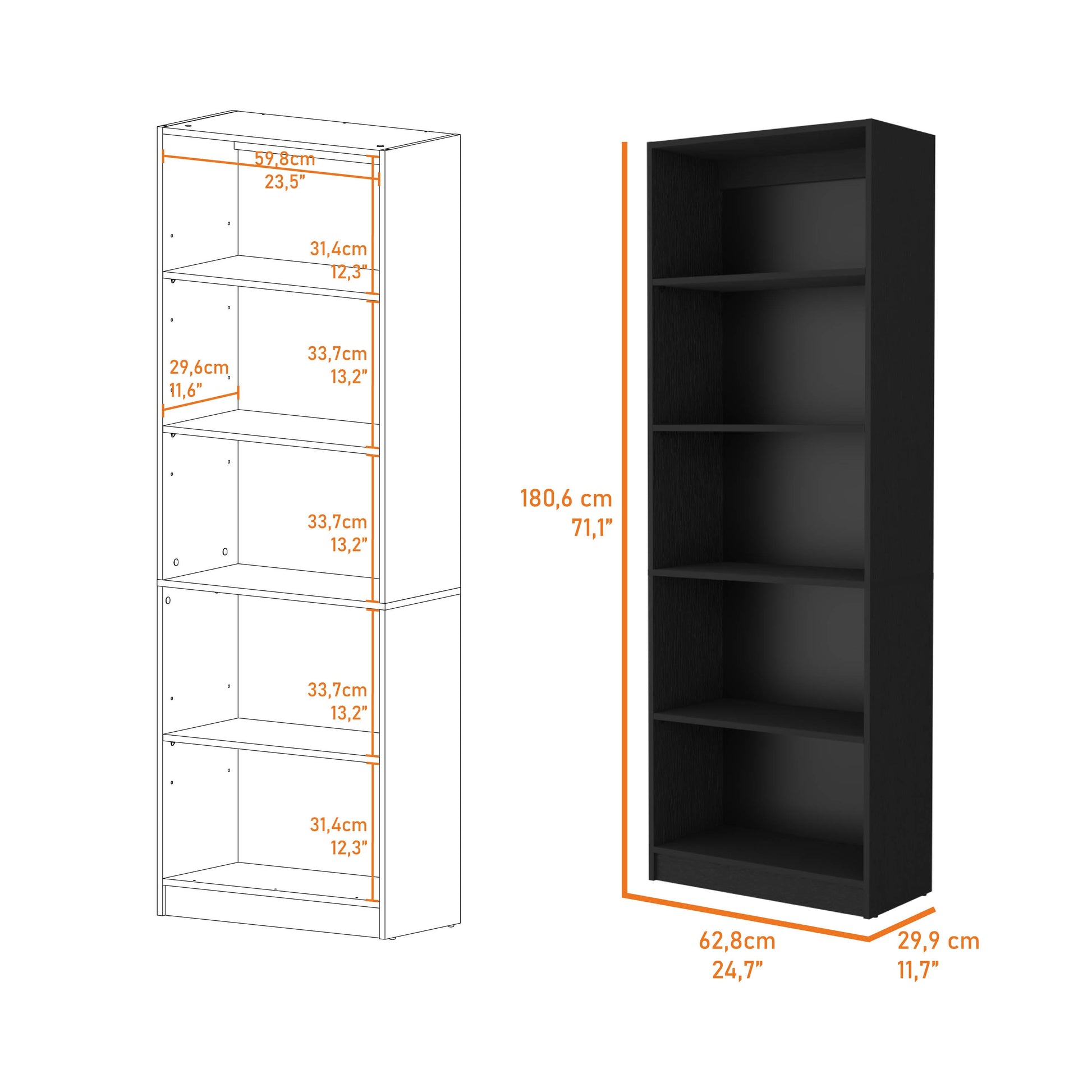 Black fiveshelf bookcase with detailed dimensions and outline drawing