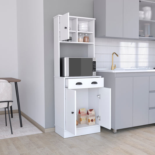 White kitchen cabinet with microwave shelf and storage doors