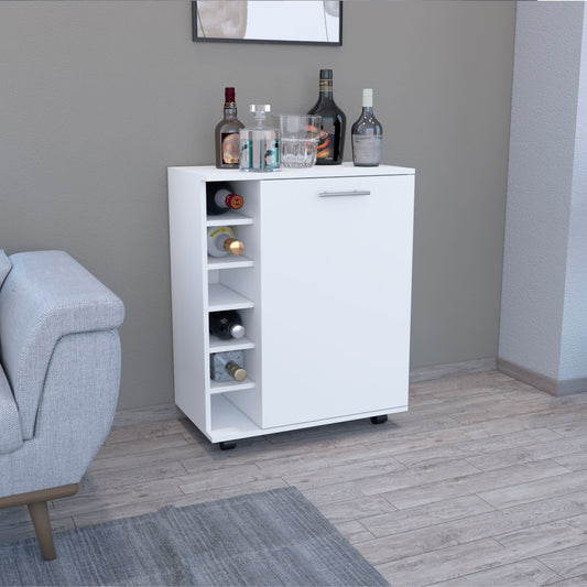White rolling bar cabinet with wine rack and storage door