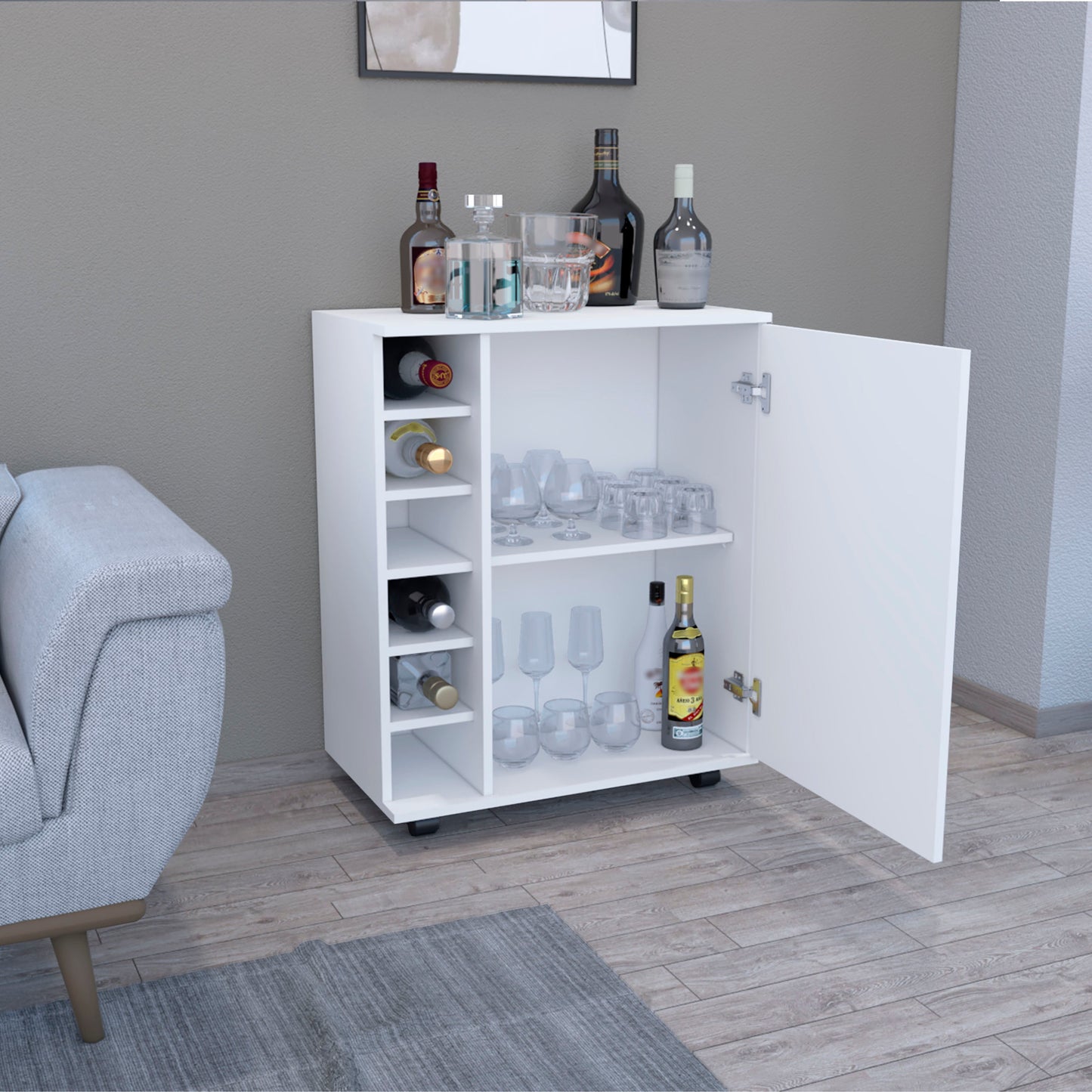 White bar cabinet with wine rack and glass storage
