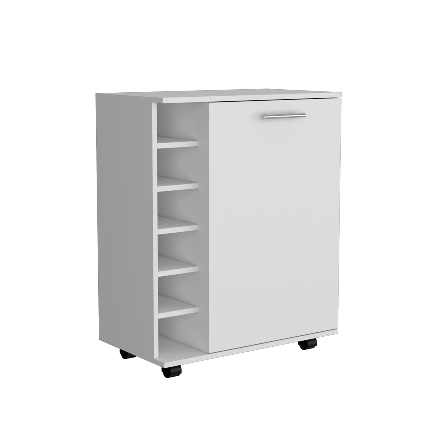 White rolling storage cabinet with five open shelves and one drawer