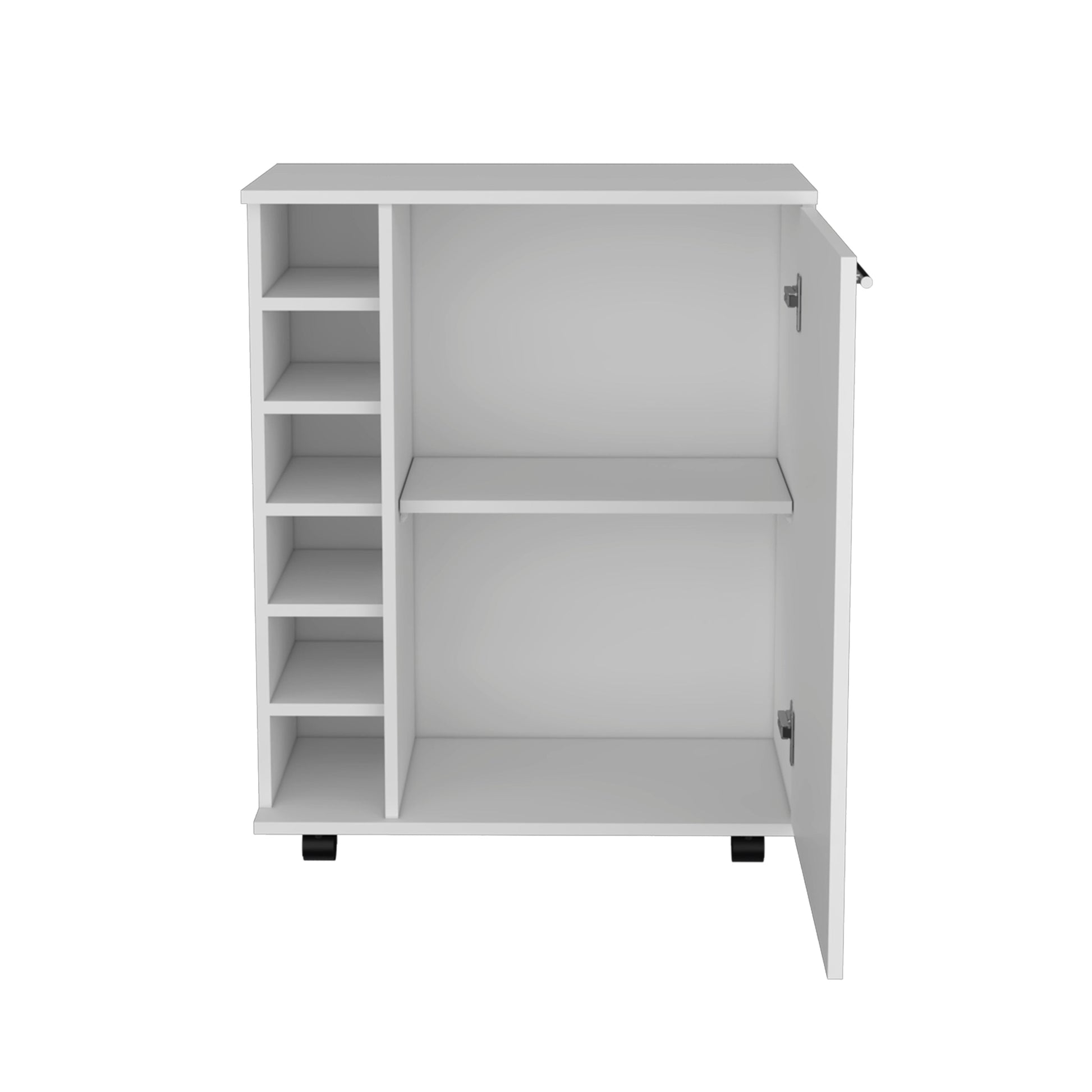 White cabinet with open door and six side shelves