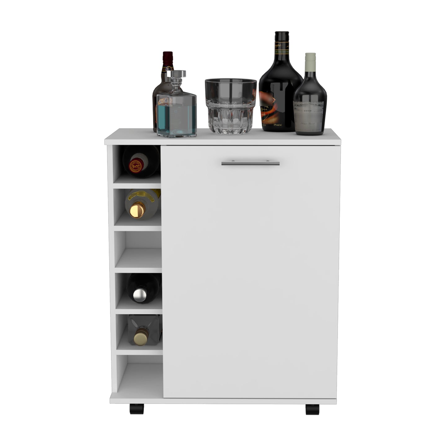 White compact bar cart with wine rack on the left