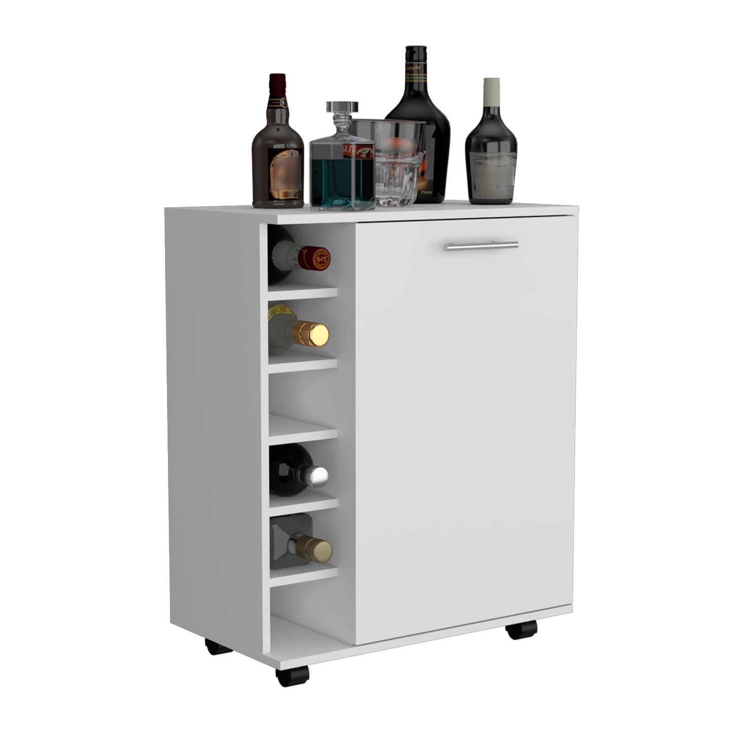 Modern white bar cart with wine rack and hidden cabinet