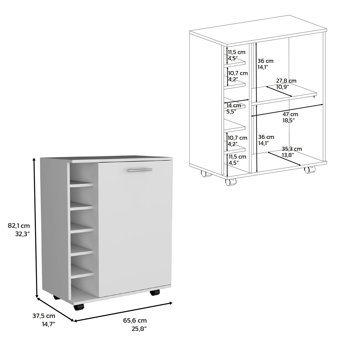 White mobile cabinet with five open shelves on the left and a closed compartment on the right