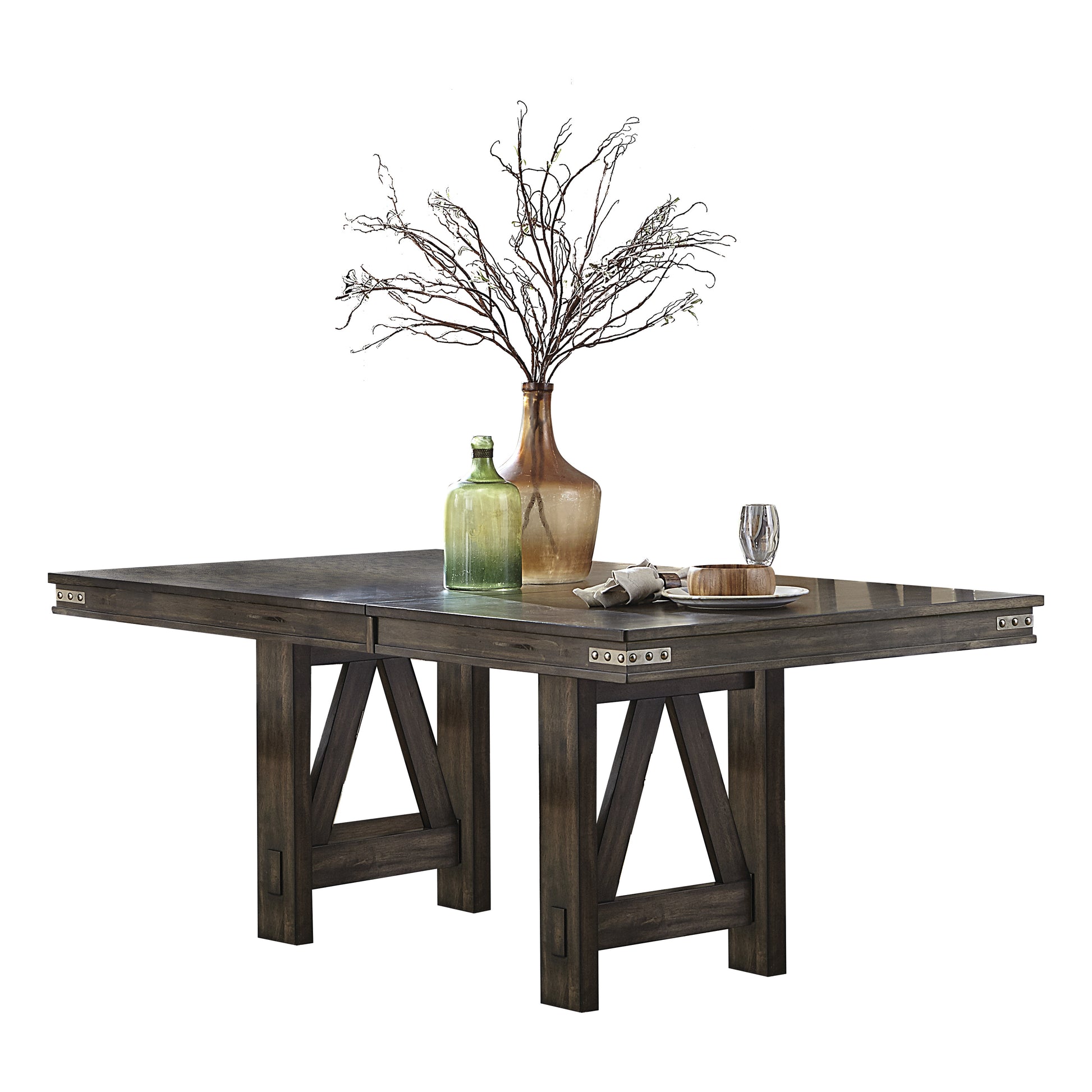 Rustic dark wood dining table with metal accents