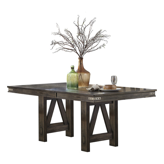 Rustic dark wood dining table with metal accents