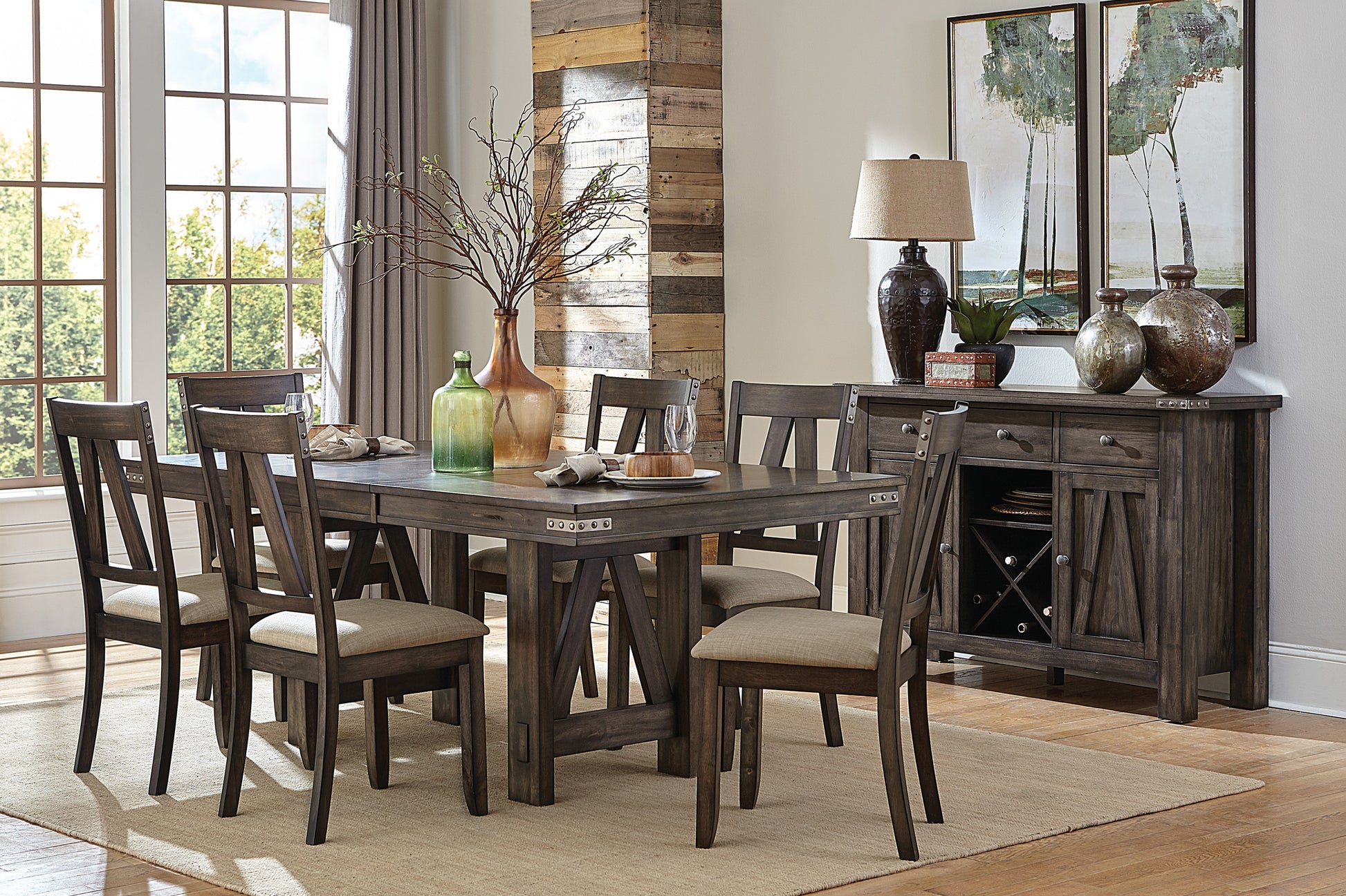 Rustic dark wood dining table set with six chairs