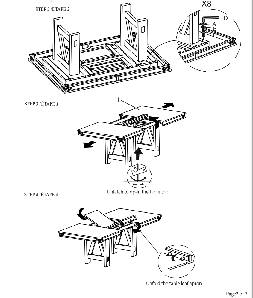 Diagram showing installation step  for a extendable dining table