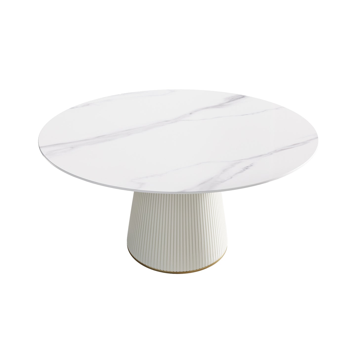 Round white marble top dining table with fluted cream pedestal base