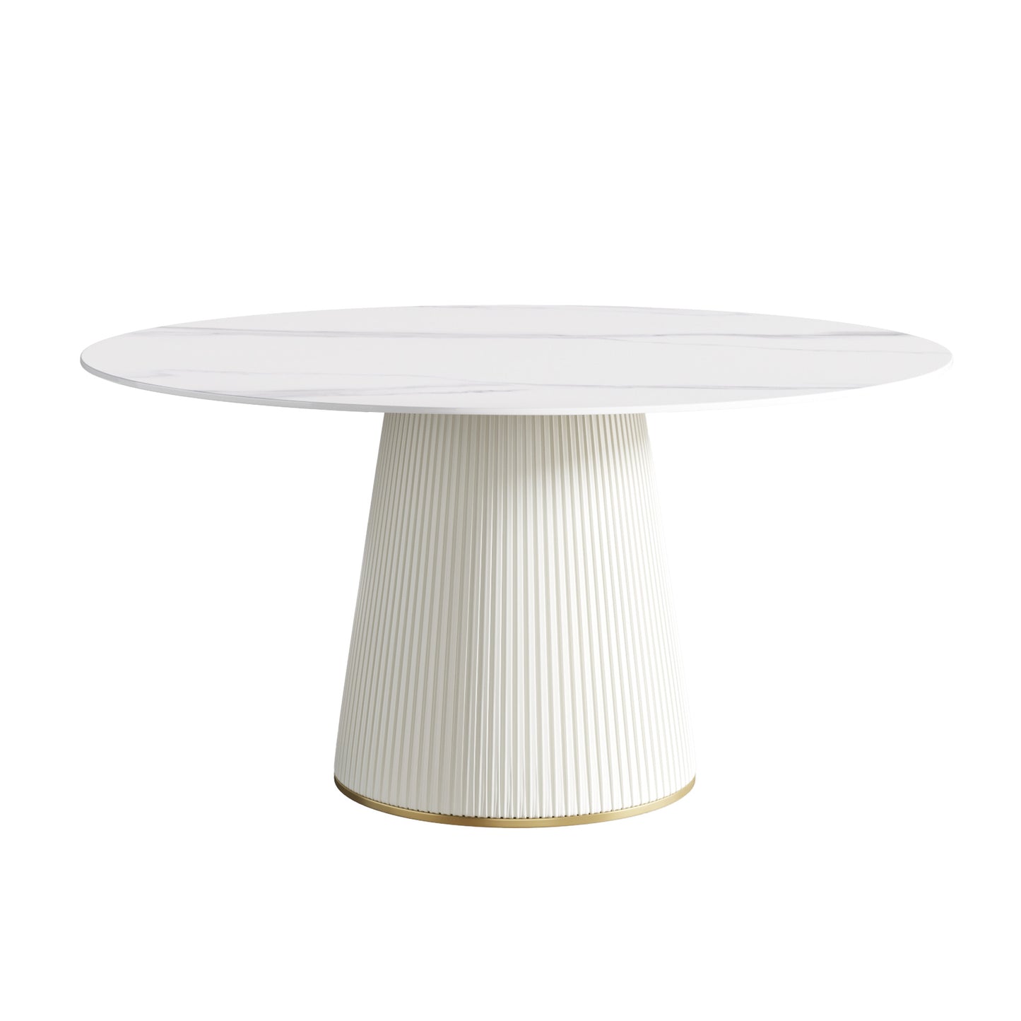 White marble top round dining table with fluted pedestal base