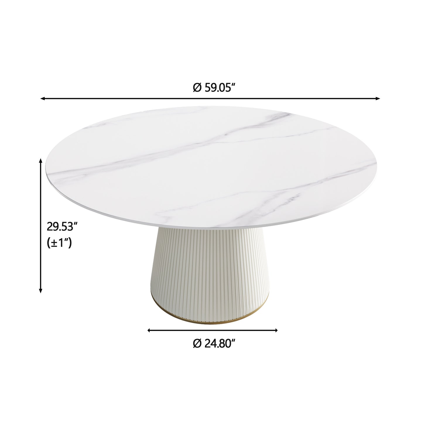 White marble round dining table with fluted base and gold accent