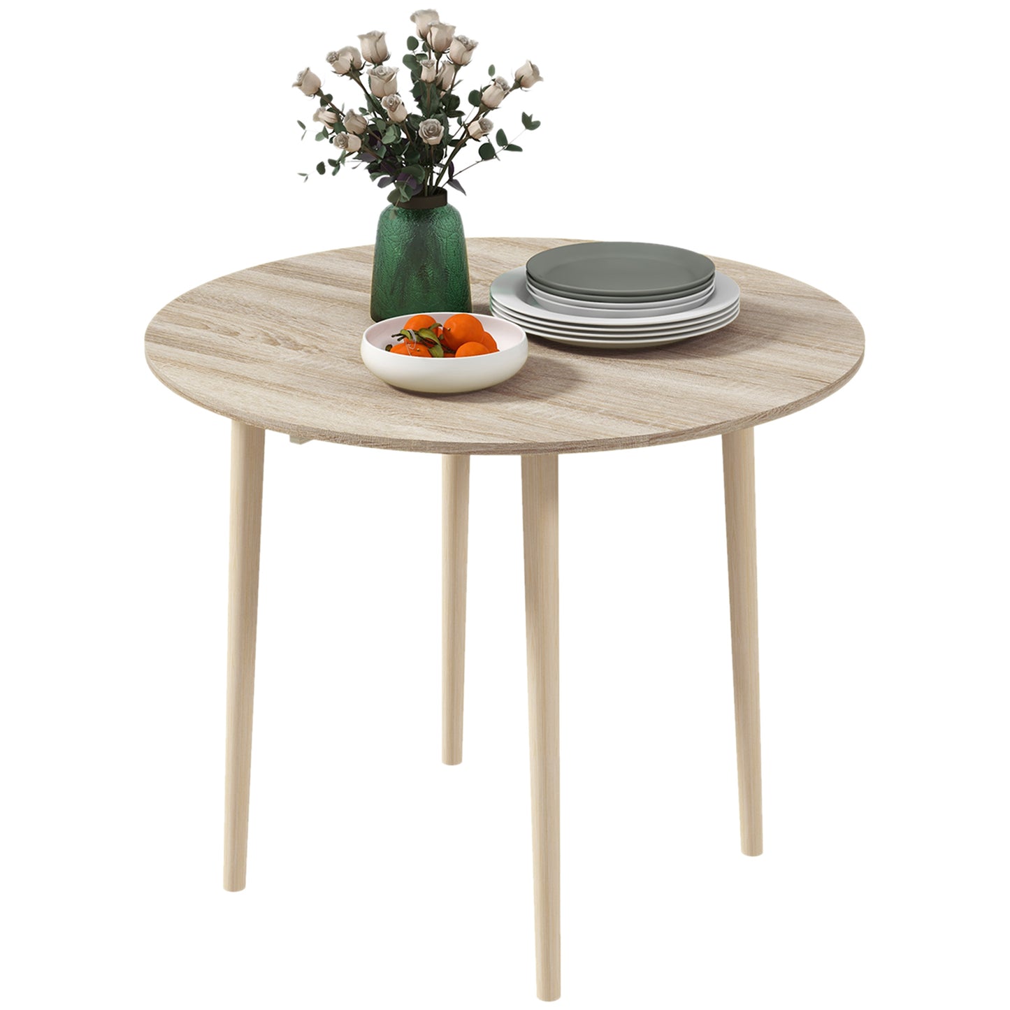 Round wood grain dining table with tapered legs