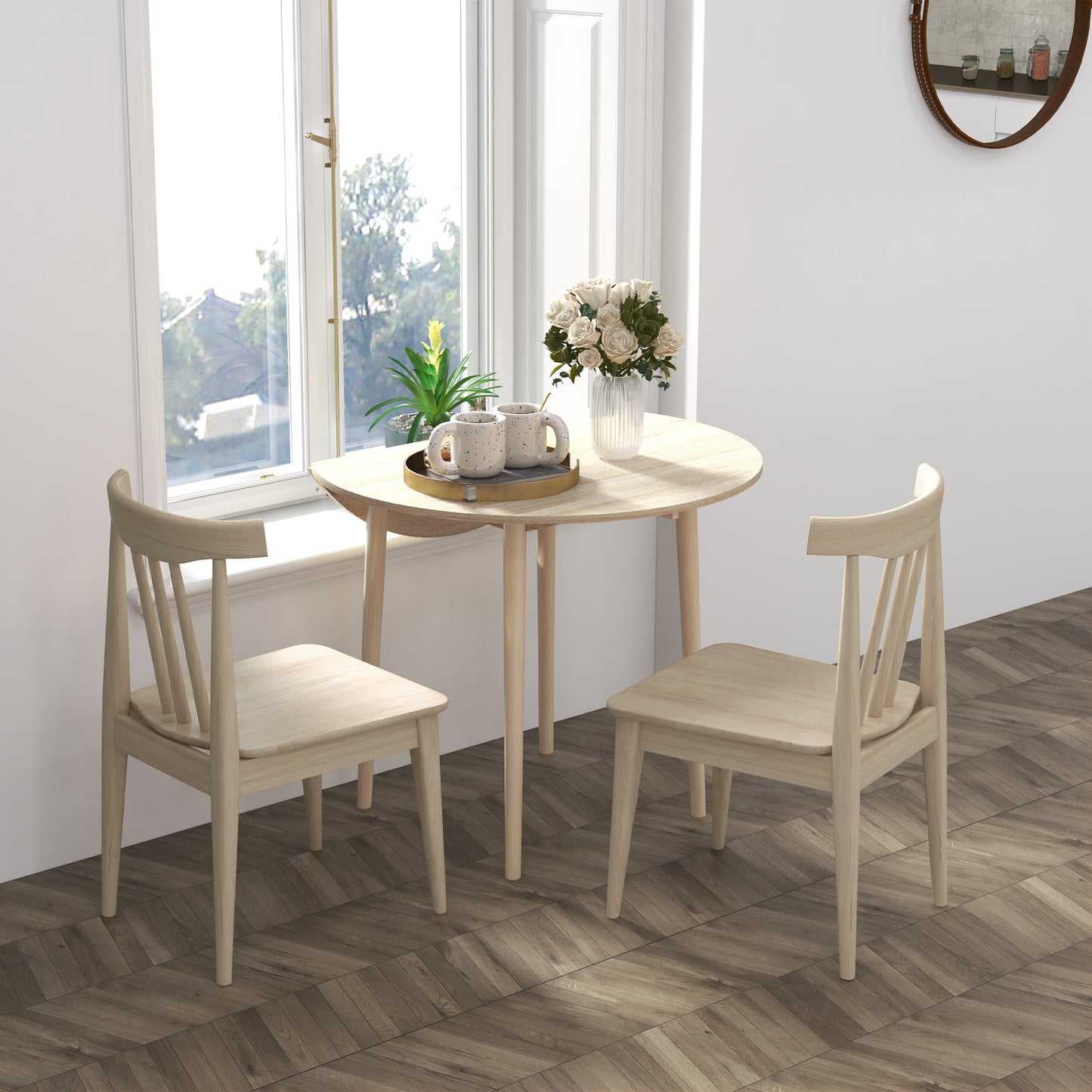 Light wood dining chairs with slatted backs perfect for a modern kitchen nook