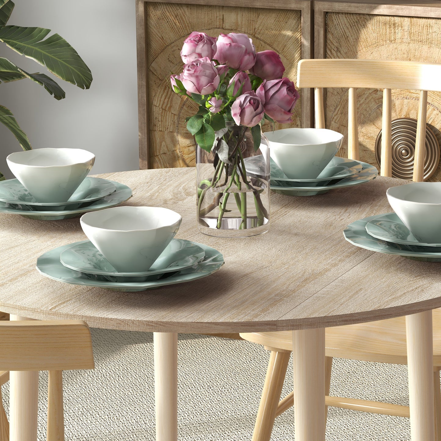 White ceramic dinnerware set with light blue accents