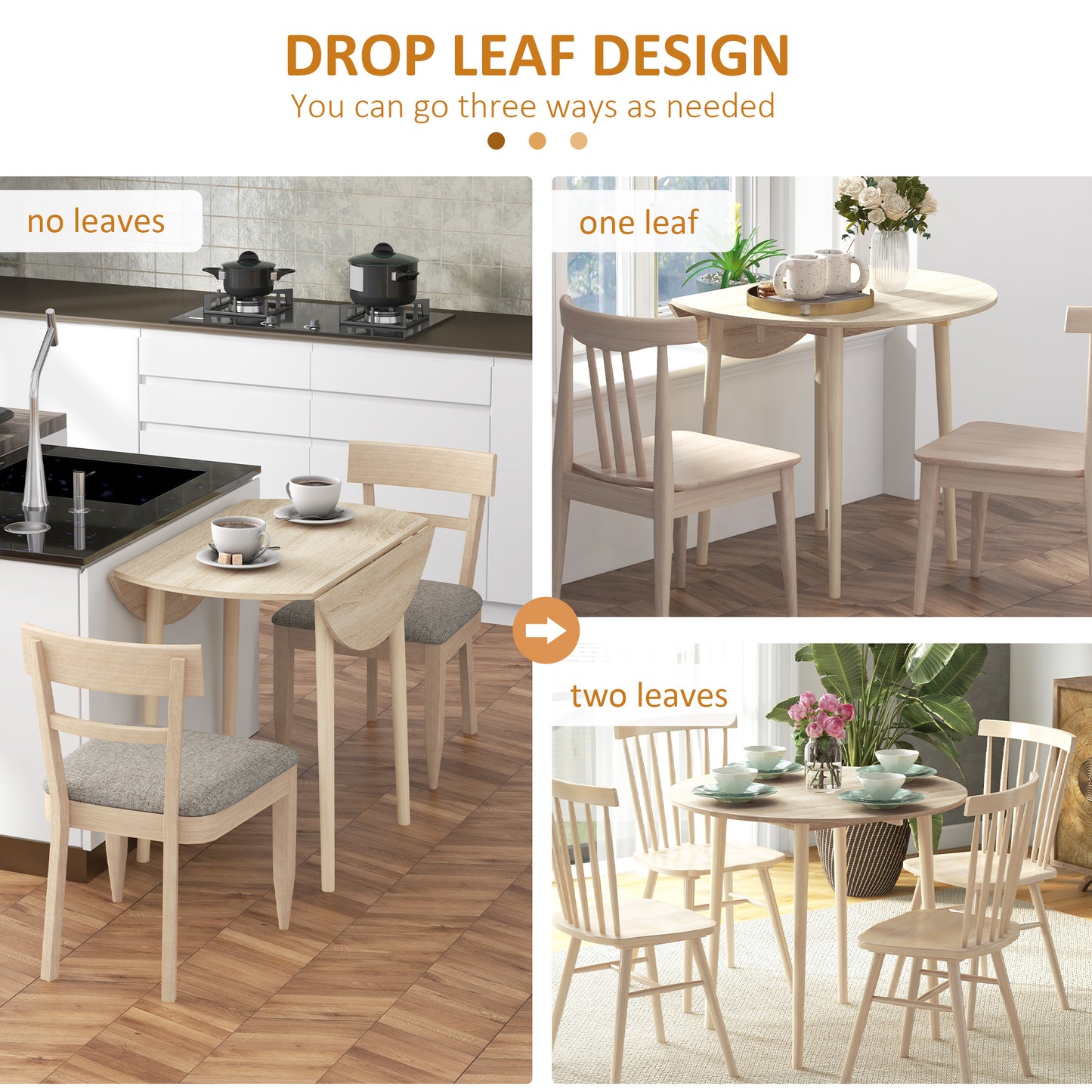 Compact light wood dining table set with drop leaf design