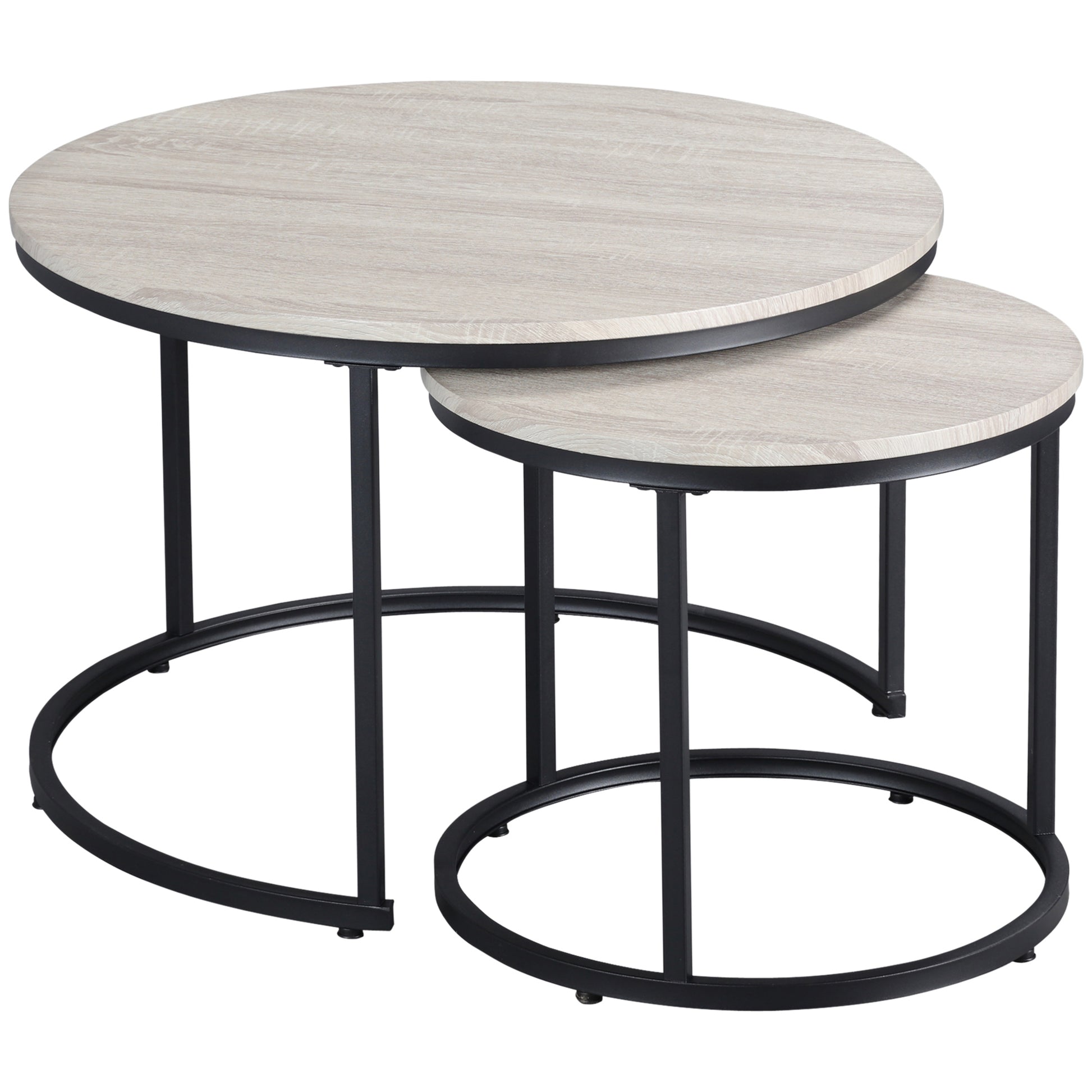 Nested round tables with light wood grain tops and black metal frames